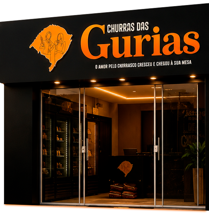 Fachada da loja Churras das Gurias iluminada à noite
